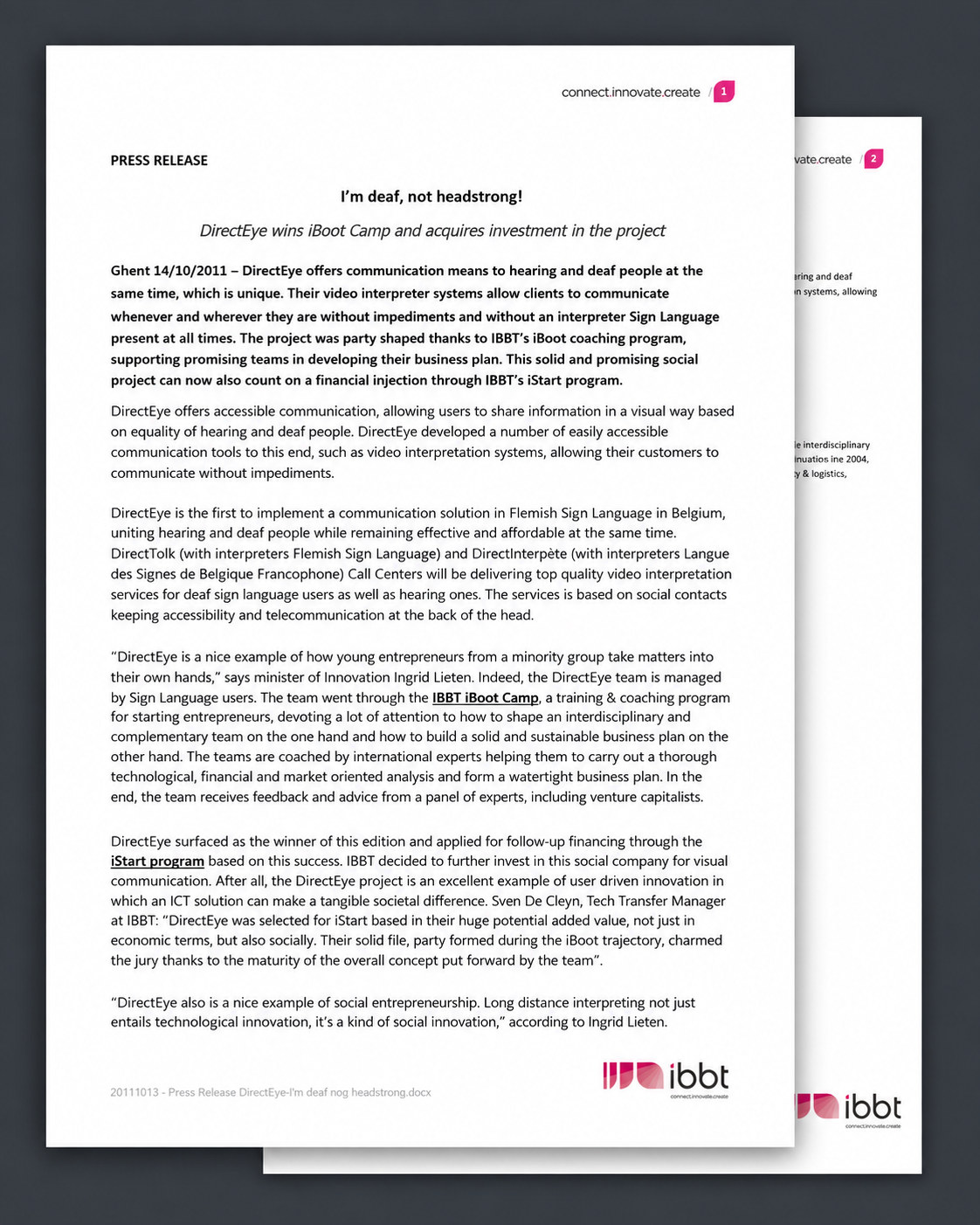 Recovered October 2011 IBBT press release announcing that DirectEye won iBoot Camp and received iStart investment.