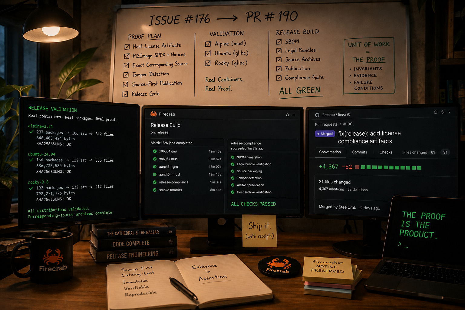 A warm release-engineering desk with FireCrab branding, issue 176 becoming pull request 190, distro validation, and an all-green release build.