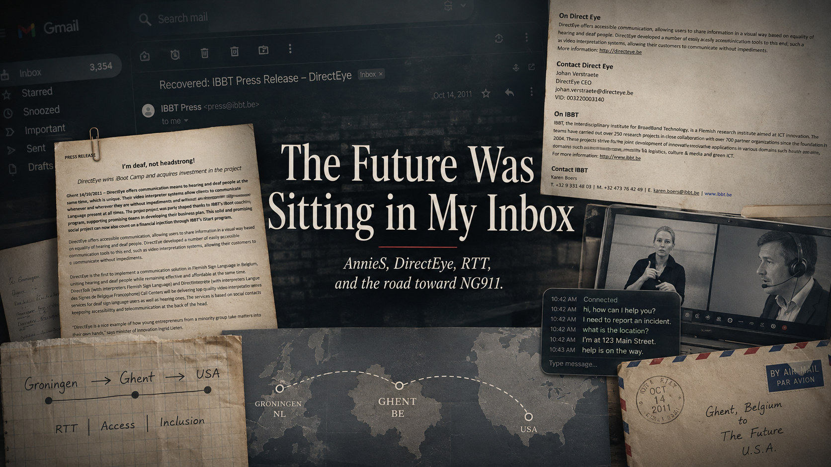 Archival editorial collage tracing AnnieS in Groningen, DirectEye in Ghent, and real-time text work toward the United States.