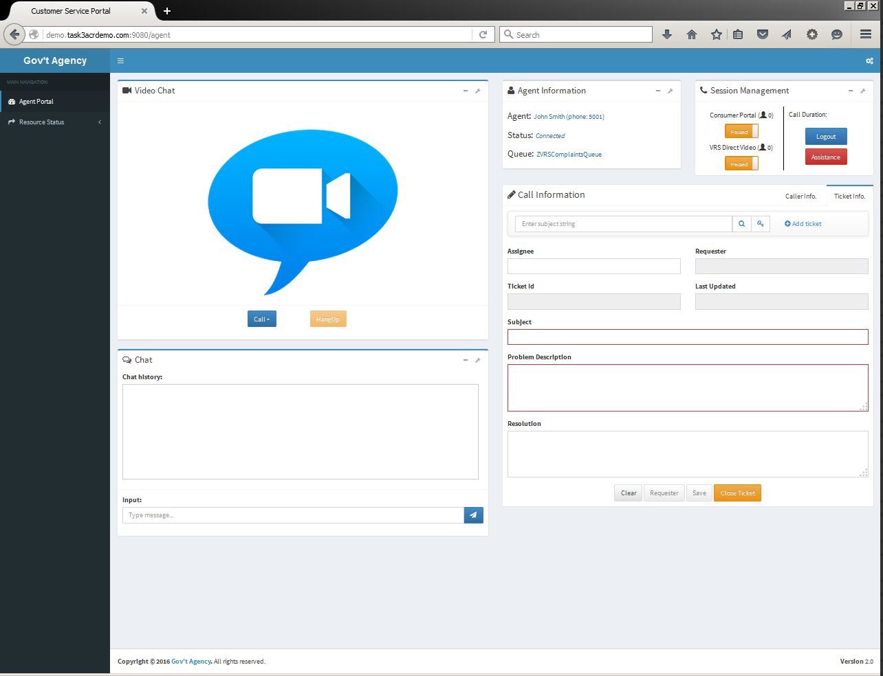 ACE Direct customer service agent portal with a video chat panel, text chat panel, agent information, session management, and a Zendesk ticket form.