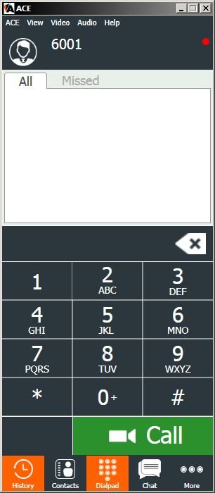 The ACE video dialer application window: a narrow vertical panel with call history, a numeric keypad, and a green video call button.