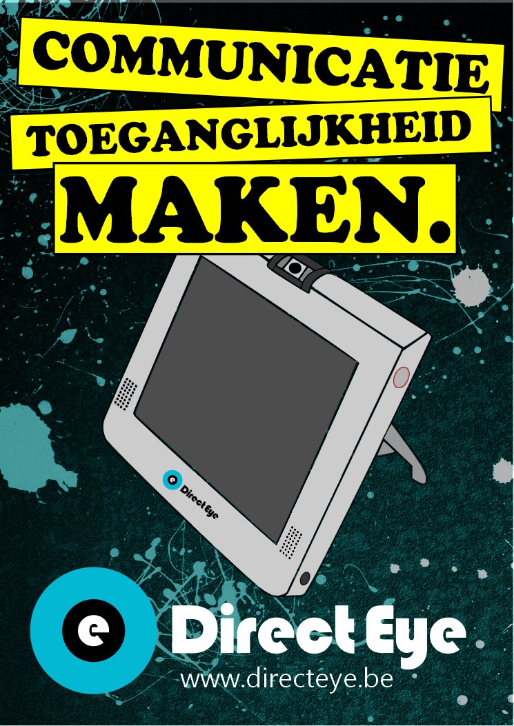 DirectEye VPAD poster: an illustrated tablet-style video endpoint on a kickstand, with camera, speaker grilles and a call key, above the Direct Eye logo and the printed slogan “communicatie toeganglijkheid [sic] maken.”